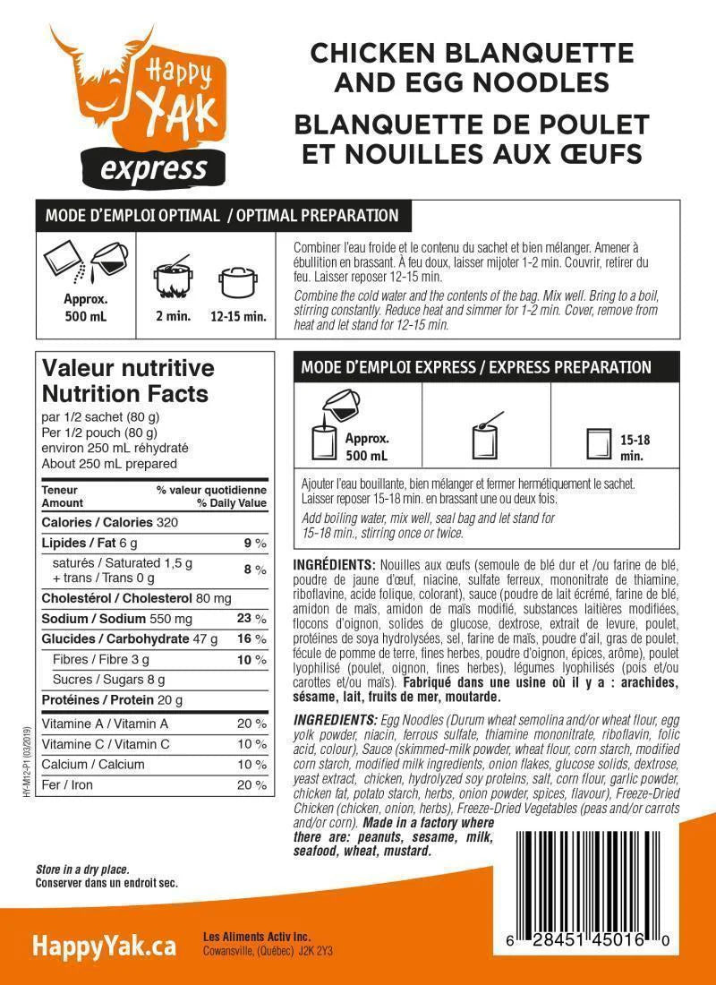 Happy Yak Chicken Blanquette and Egg Noodles Mt. Waddington's