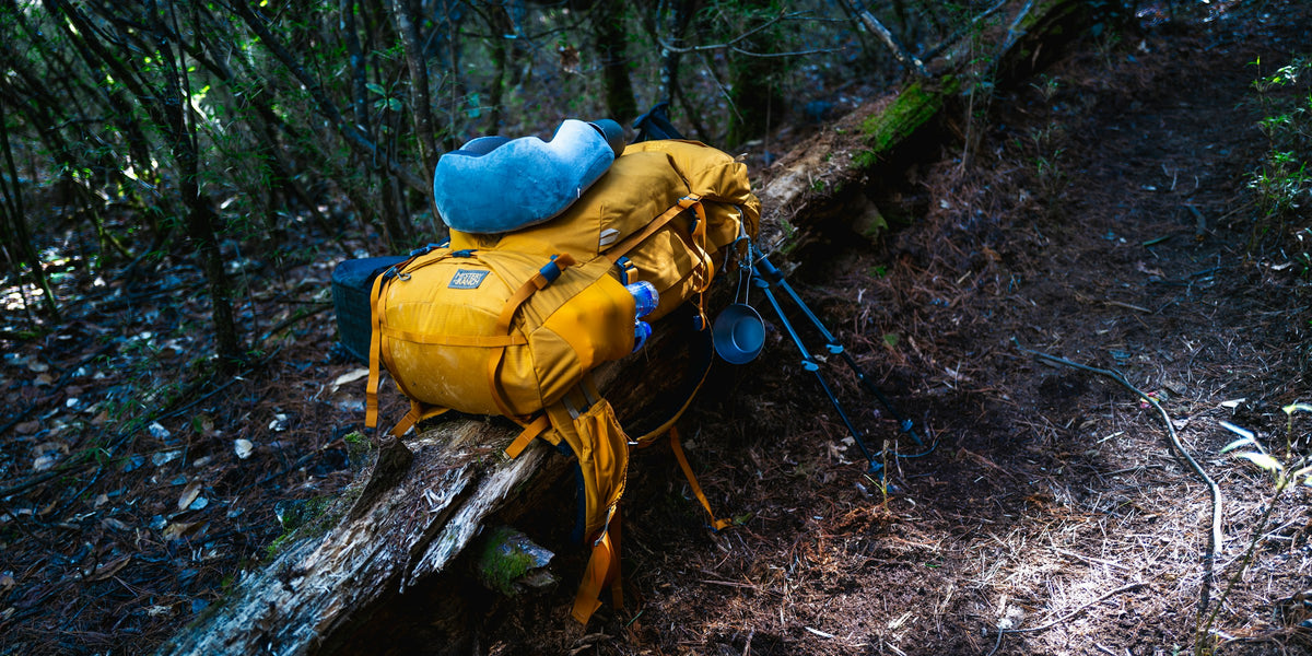 Yellow backpack resting on a fallen tree in a forest