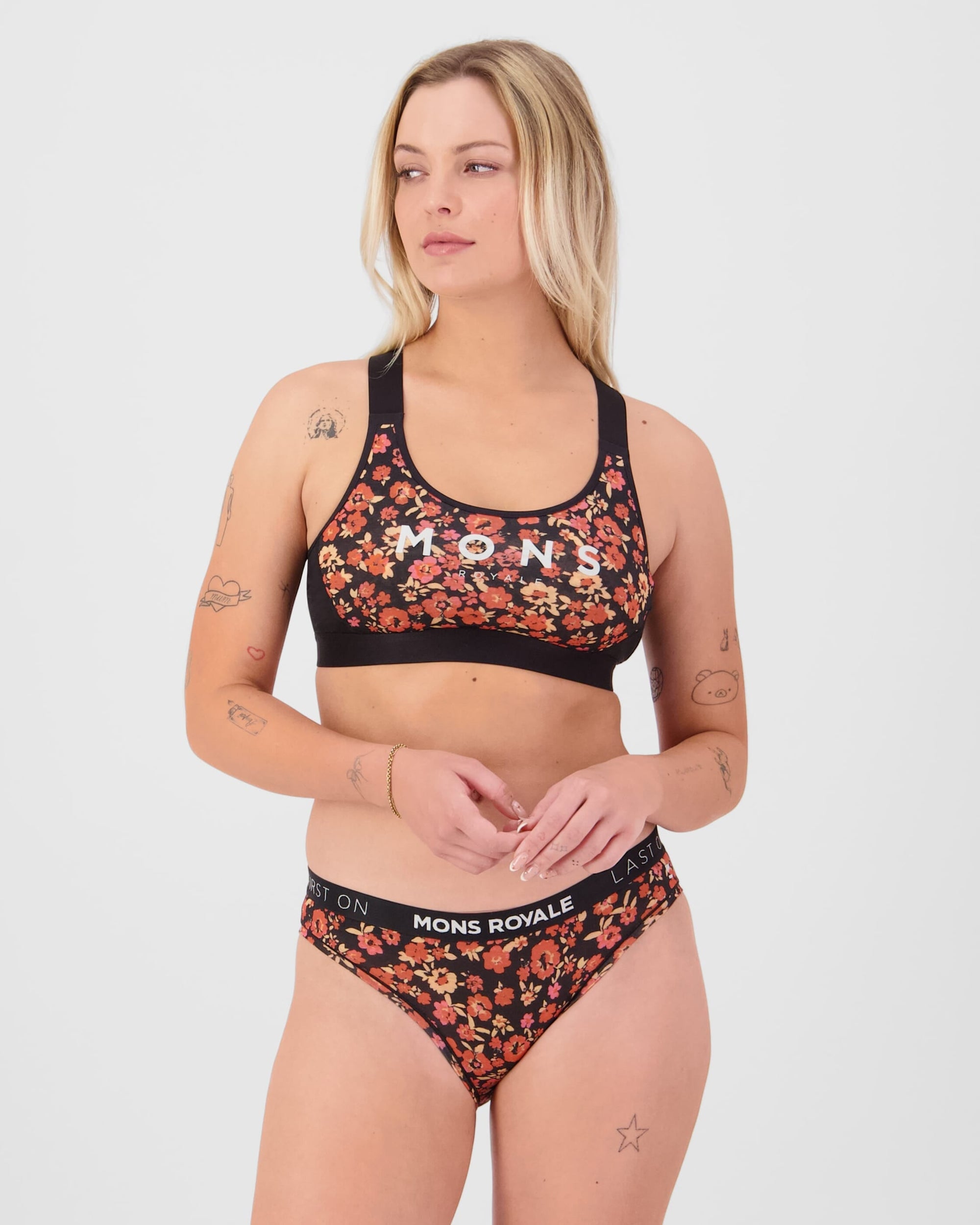 Mons Royale Stella Merino X-Back Bra - Ditzy Camo / Black