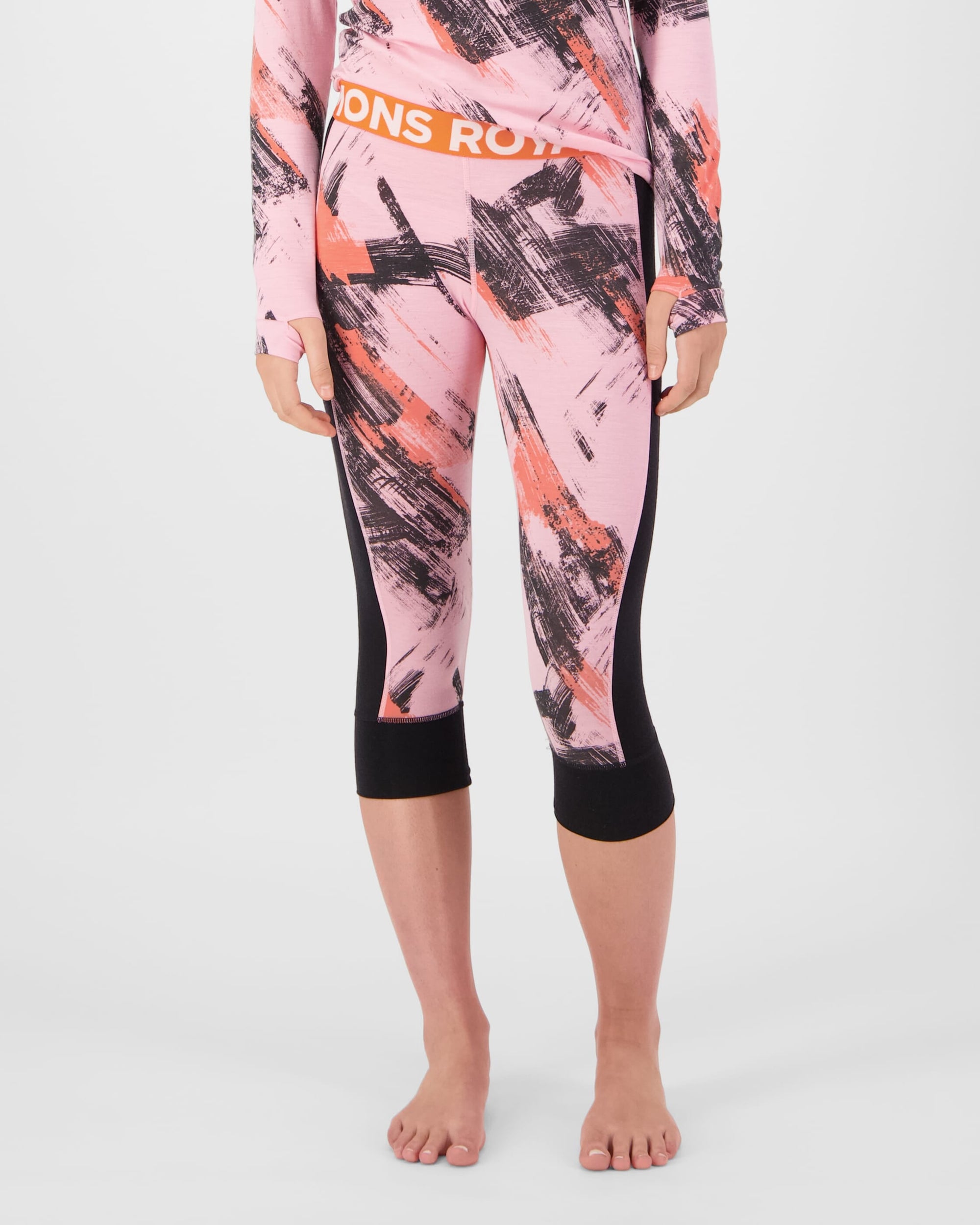 Mons Royale Women's Cascade Merino Base Layer 3/4 Legging - Paintbrush Pink / Black