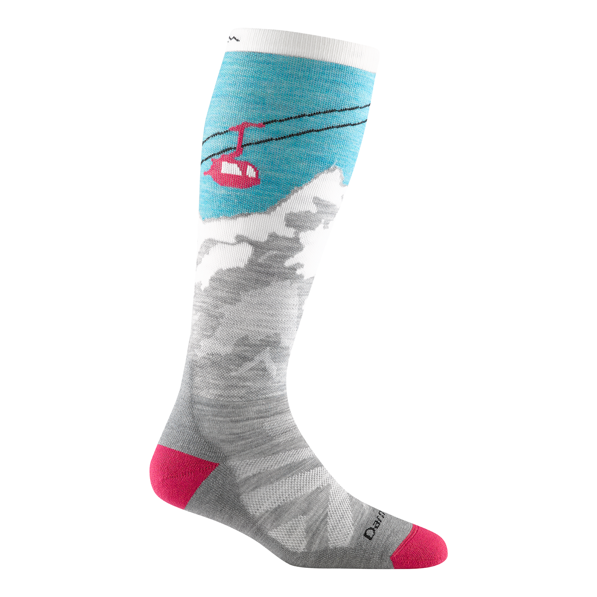 Darn Tough Women's Yeti Over-the-Calf Midweight Ski & Snowboard Sock 1827 in Aqua with pink toe and heel accents and gray mountain and pink gondola design