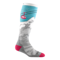 Darn Tough Women's Yeti Over-the-Calf Midweight Ski & Snowboard Sock 1827 in Aqua with pink toe and heel accents and gray mountain and pink gondola design