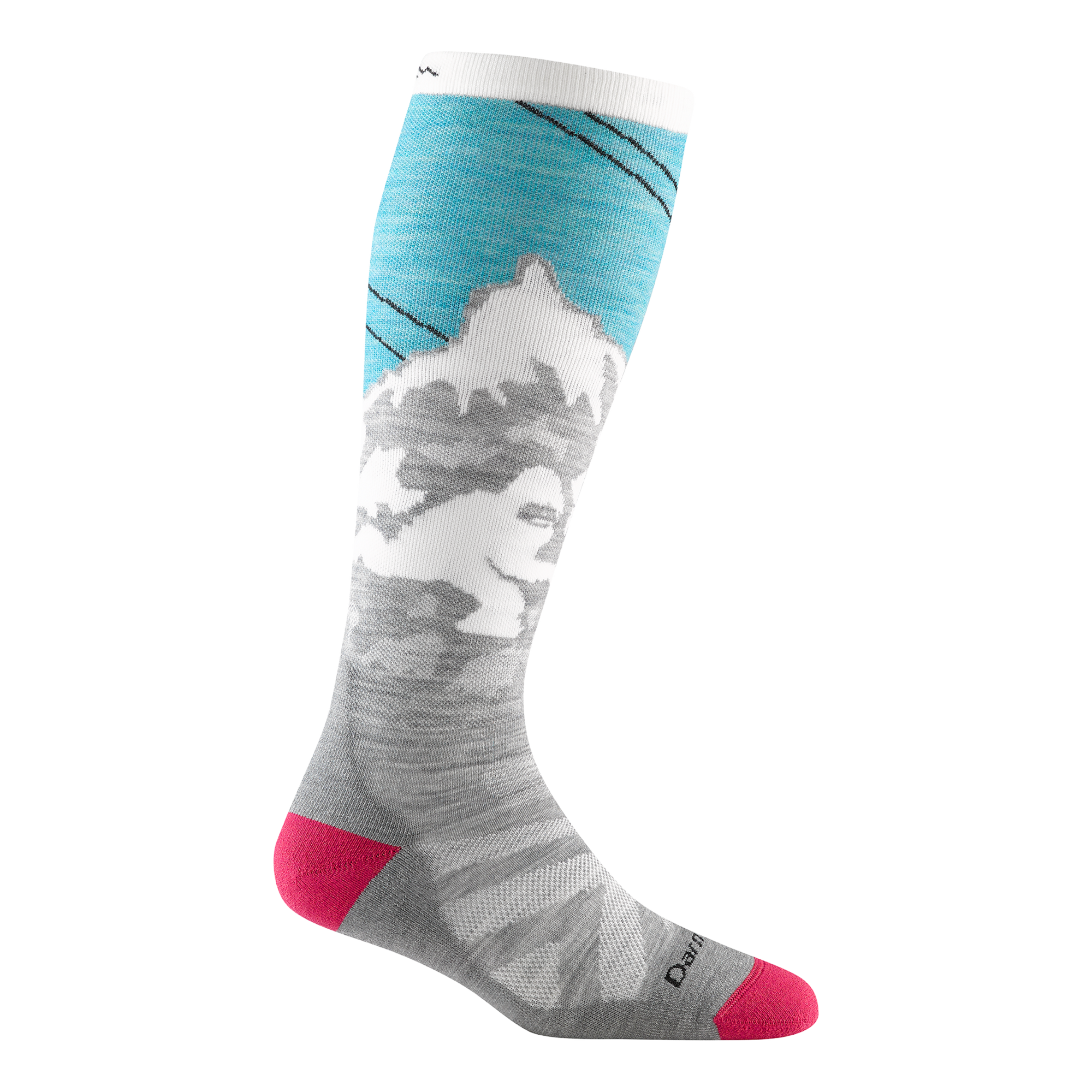 Darn Tough Yeti over-the-calf ski sock in Aqua with grey chevron detailing on forefoot and mountain scape design