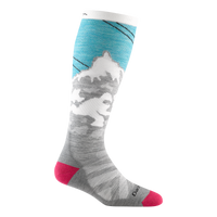 Darn Tough Yeti over-the-calf ski sock in Aqua with grey chevron detailing on forefoot and mountain scape design