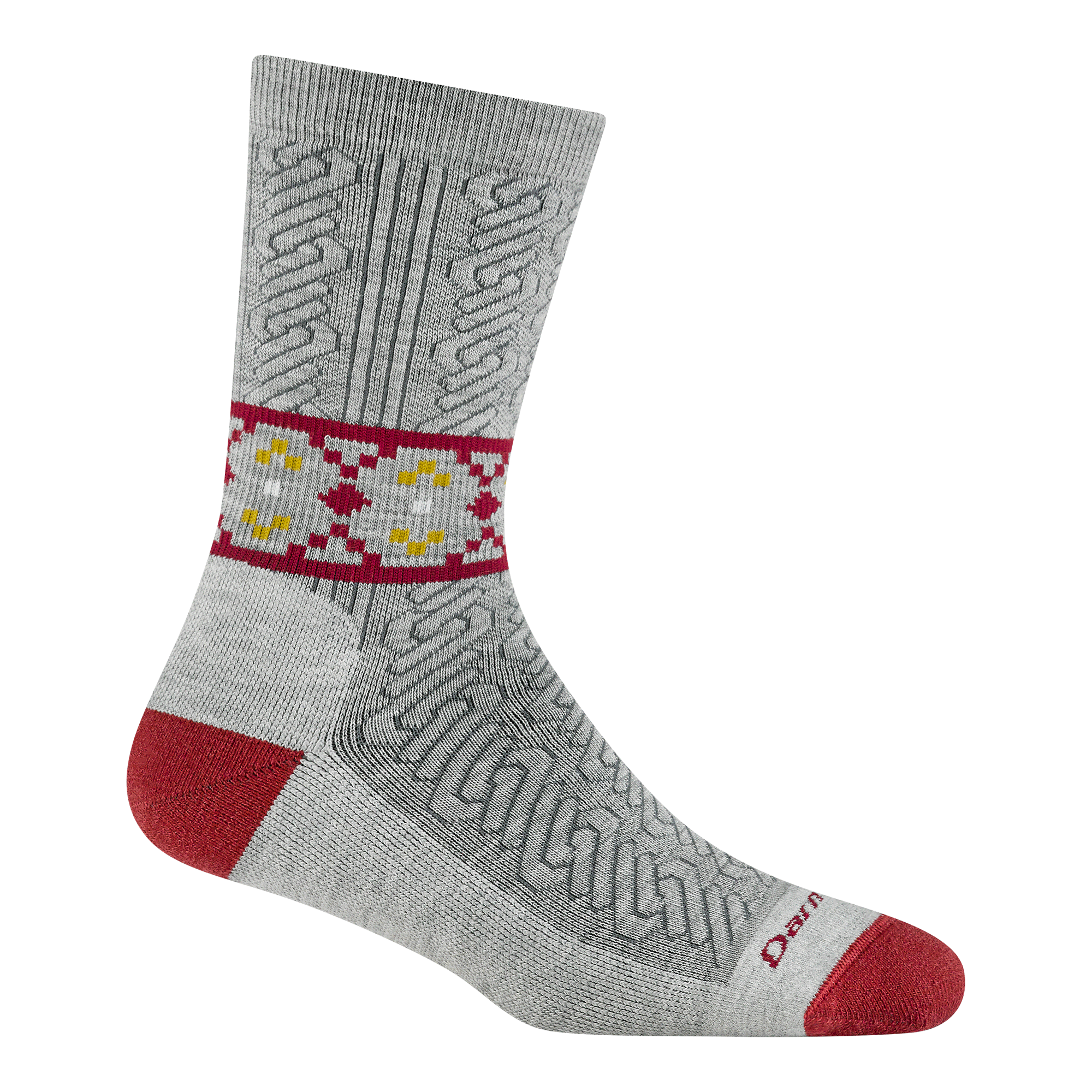 Darn Tough Women's Nordic Twist Crew Lightweight Lifestyle Sock 6141 in Ash, light gray body with red heel and toe, drop stitch cable design and argyle band