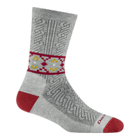 Darn Tough Women's Nordic Twist Crew Lightweight Lifestyle Sock 6141 in Ash, light gray body with red heel and toe, drop stitch cable design and argyle band