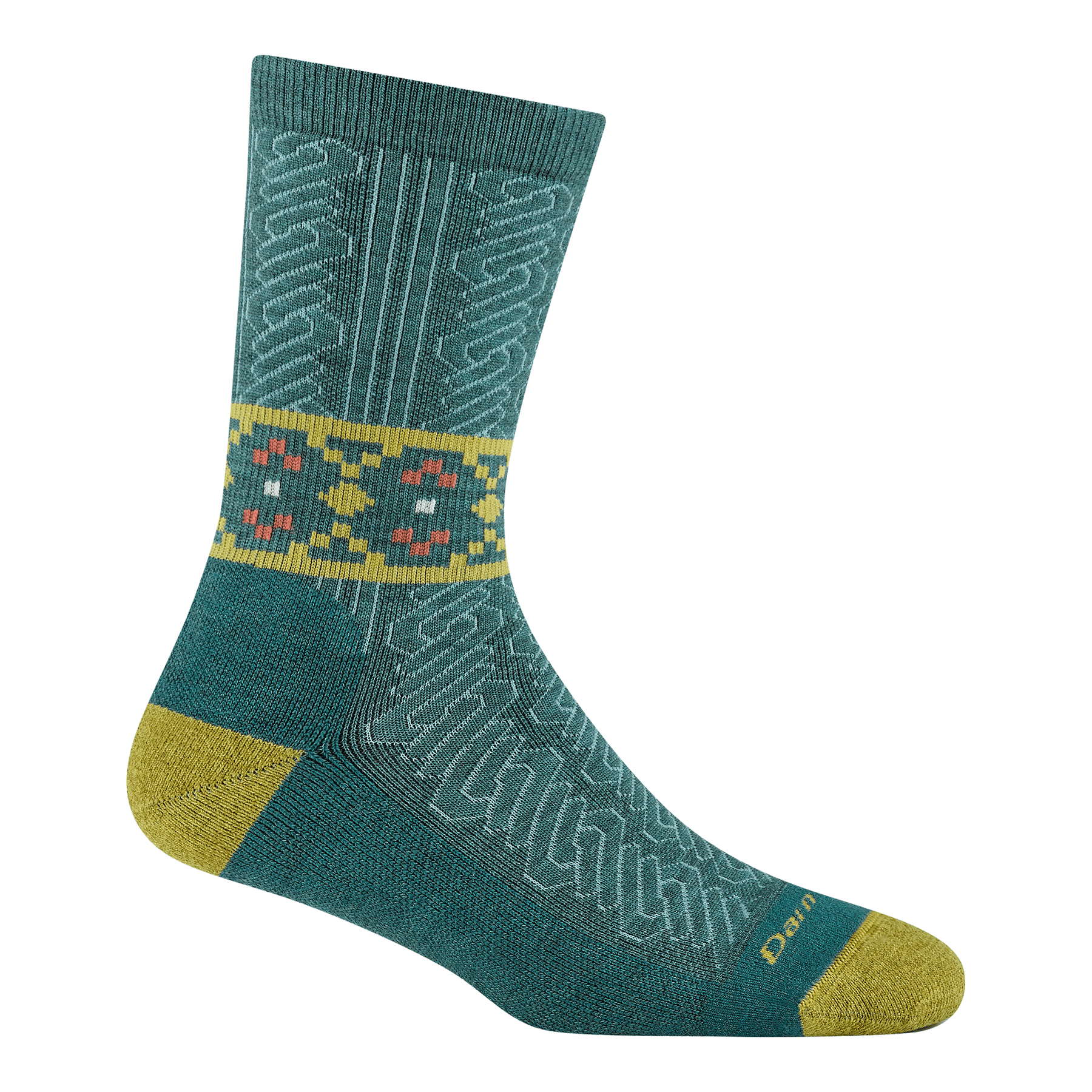 Darn Tough Women's Nordic Twist Crew Lightweight Lifestyle Sock 6141 in Teal, teal body with yellow heel and toe, drop stitch cable design and argyle band