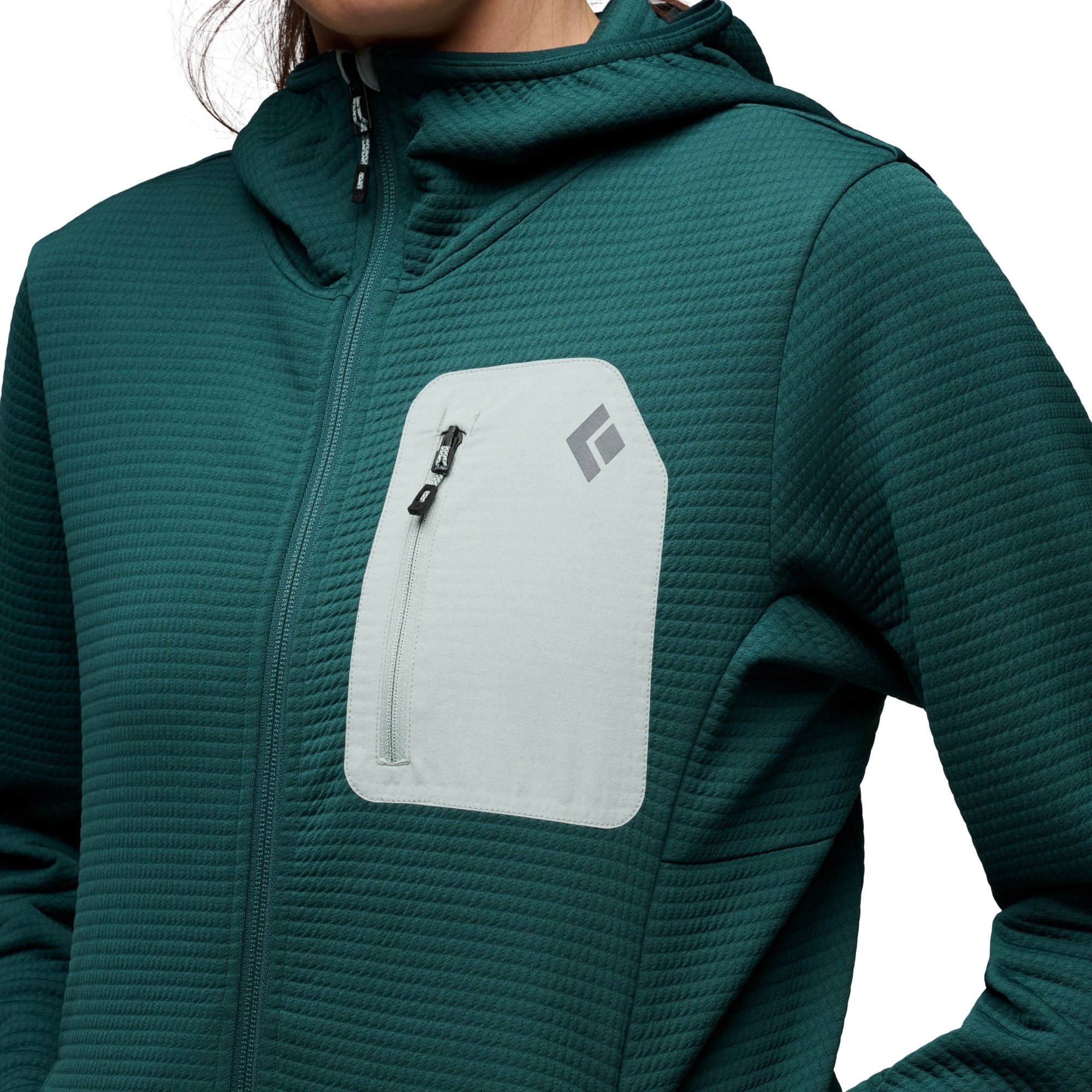 Black Diamond Women's Diverge Full Zip Hoody in Deep Woods, worn