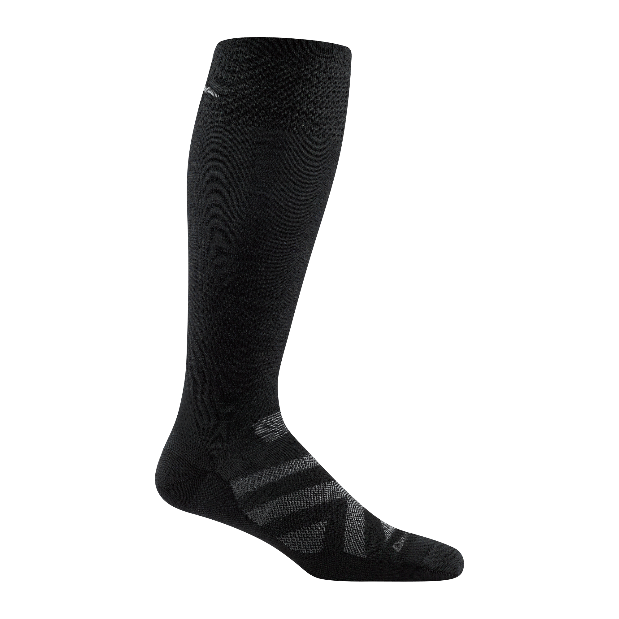 Darn Tough Men's RFL Over-the-Calf Ultra-Lightweight Ski & Snowboard Sock 8001 in Black with gray chevron and Darn Tough signature on forefoot