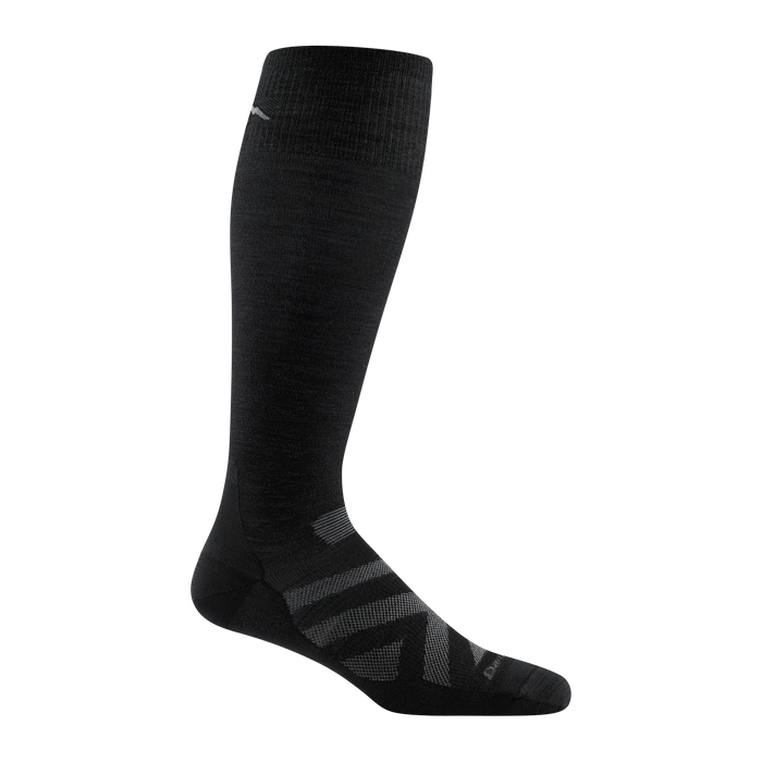 Darn Tough Men's RFL Over-the-Calf Ultra-Lightweight Ski & Snowboard Sock 8001 in Black with gray chevron and Darn Tough signature on forefoot