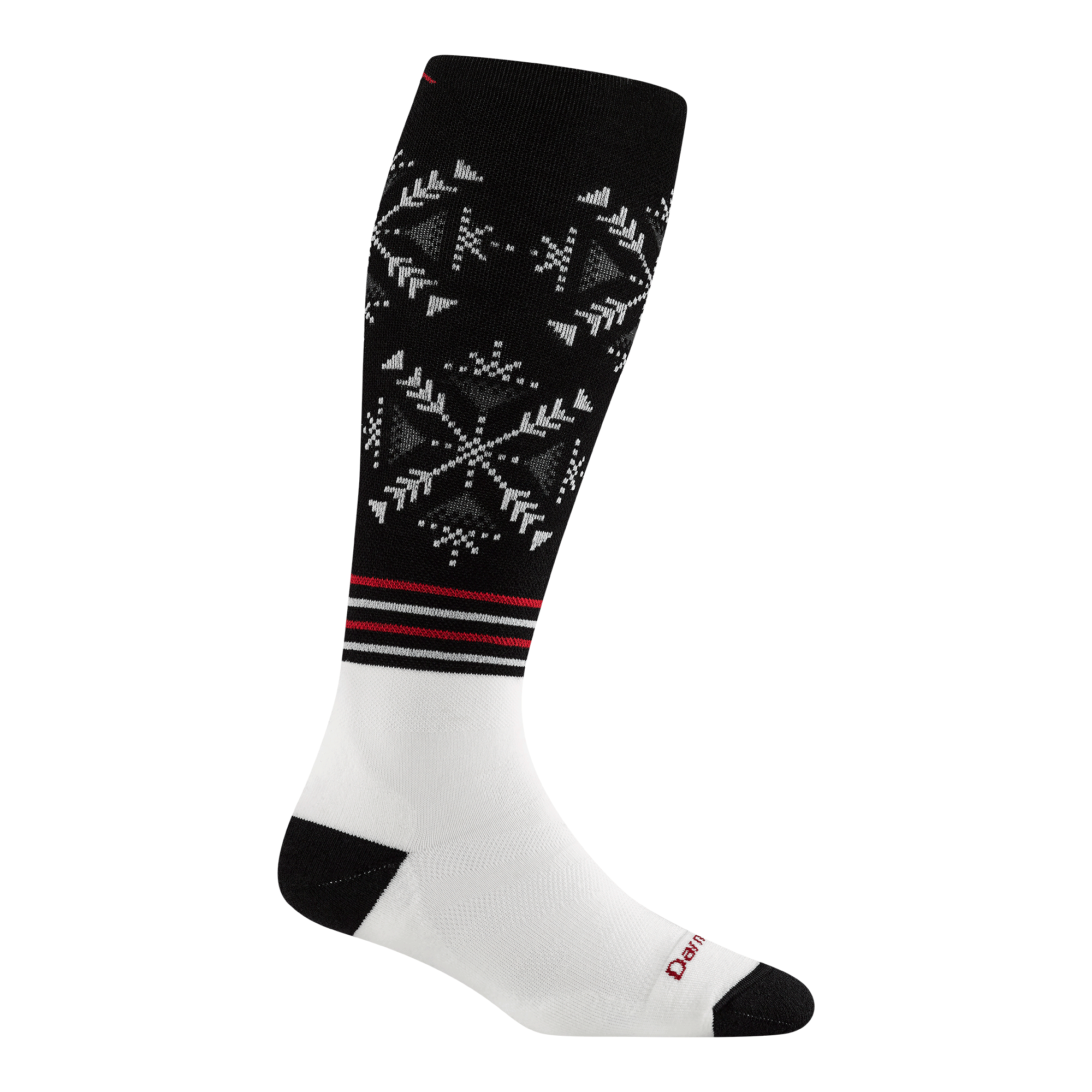 Darn Tough Women's Snowfall Over-the-Calf Midweight Ski & Snowboard Sock 8060 in Black, black heel and toe, white foot, black calf cuff with snowflake design