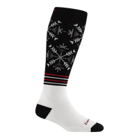 Darn Tough Women's Snowfall Over-the-Calf Midweight Ski & Snowboard Sock 8060 in Black, black heel and toe, white foot, black calf cuff with snowflake design