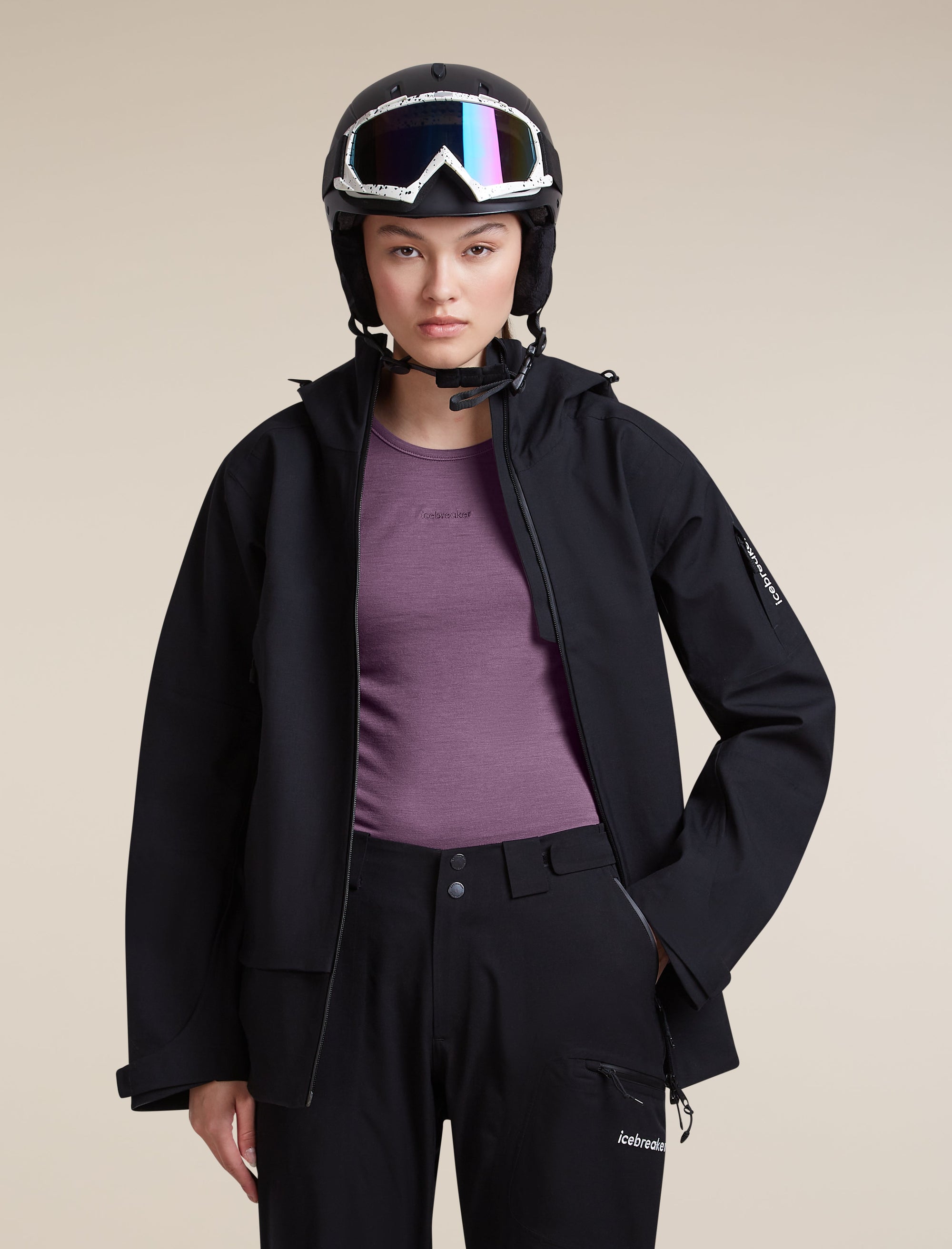 Icebreaker Women's Merino 200 ZoneKnit Long Sleeve Crewe in Dark Berry / Grey Plum, worn