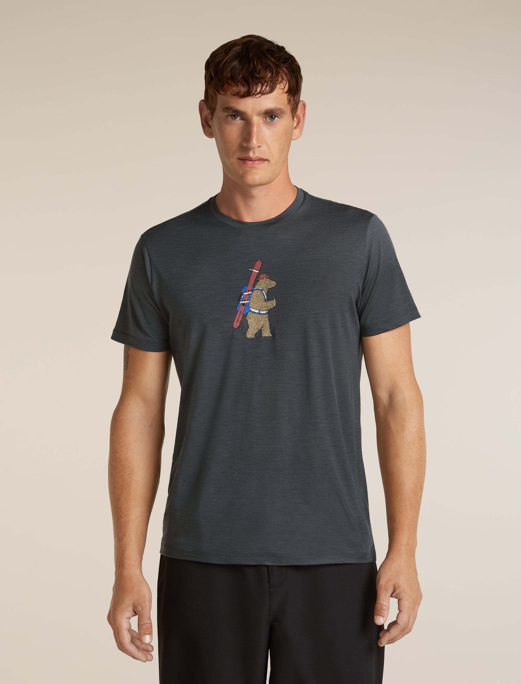 Icebreaker Men's Merino 150 Tech Lite Short Sleeve Tee Bear Tour in Obsidian, front