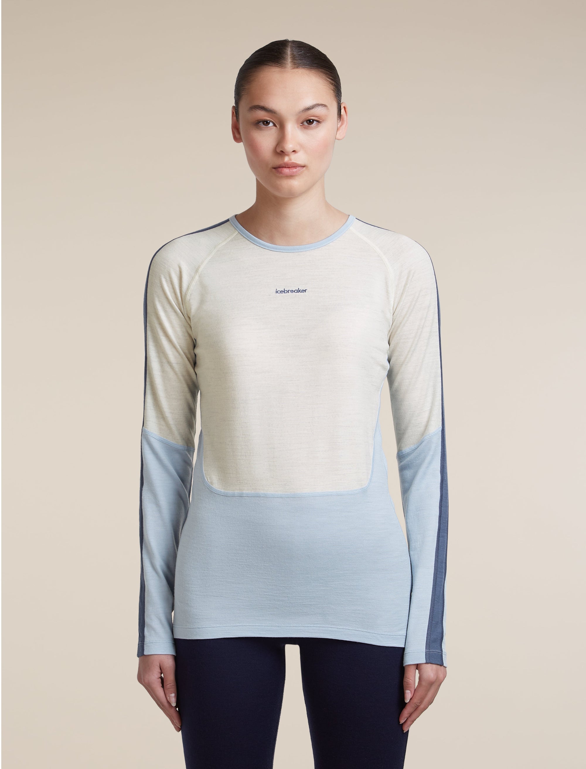 Icebreaker Women's Merino 200 Oasis+ Long Sleeve Crewe in Zinc Blue / Ecru Heather / Dawn, front