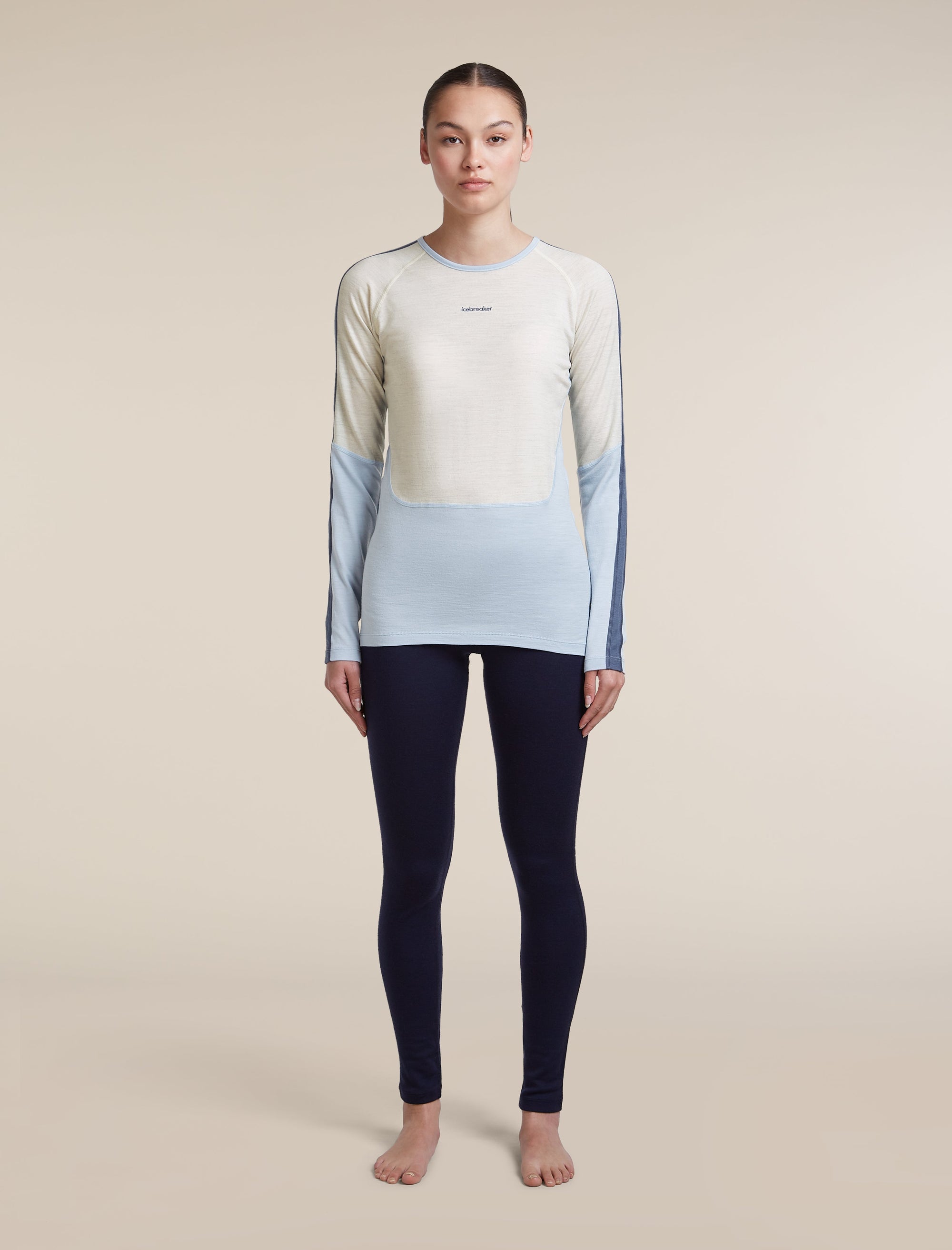 Icebreaker Women's Merino 200 Oasis+ Long Sleeve Crewe in Zinc Blue / Ecru Heather / Dawn, side
