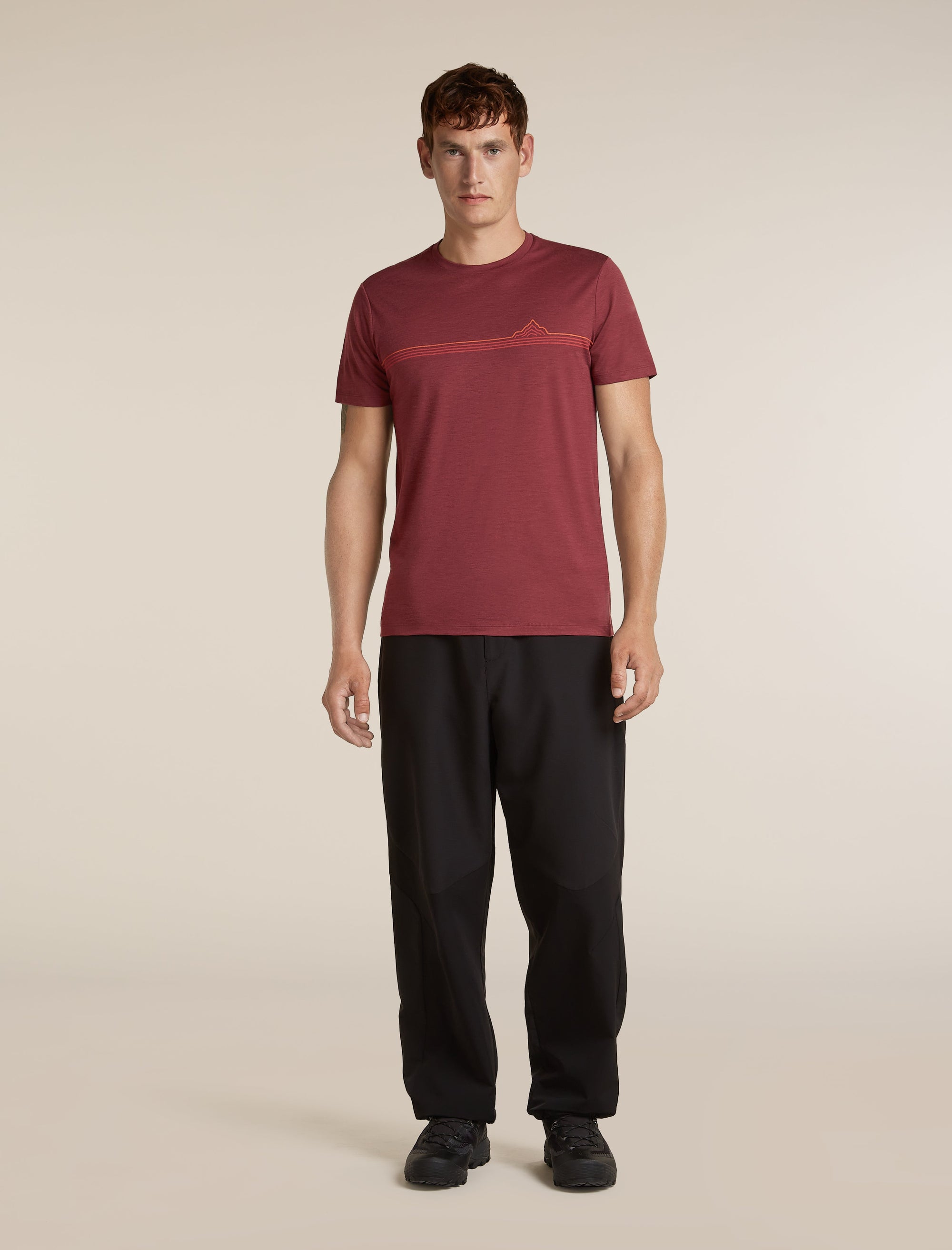 Icebreaker Men's Merino 150 Tech Lite Short Sleeve Tee Range Stripes in Port, side