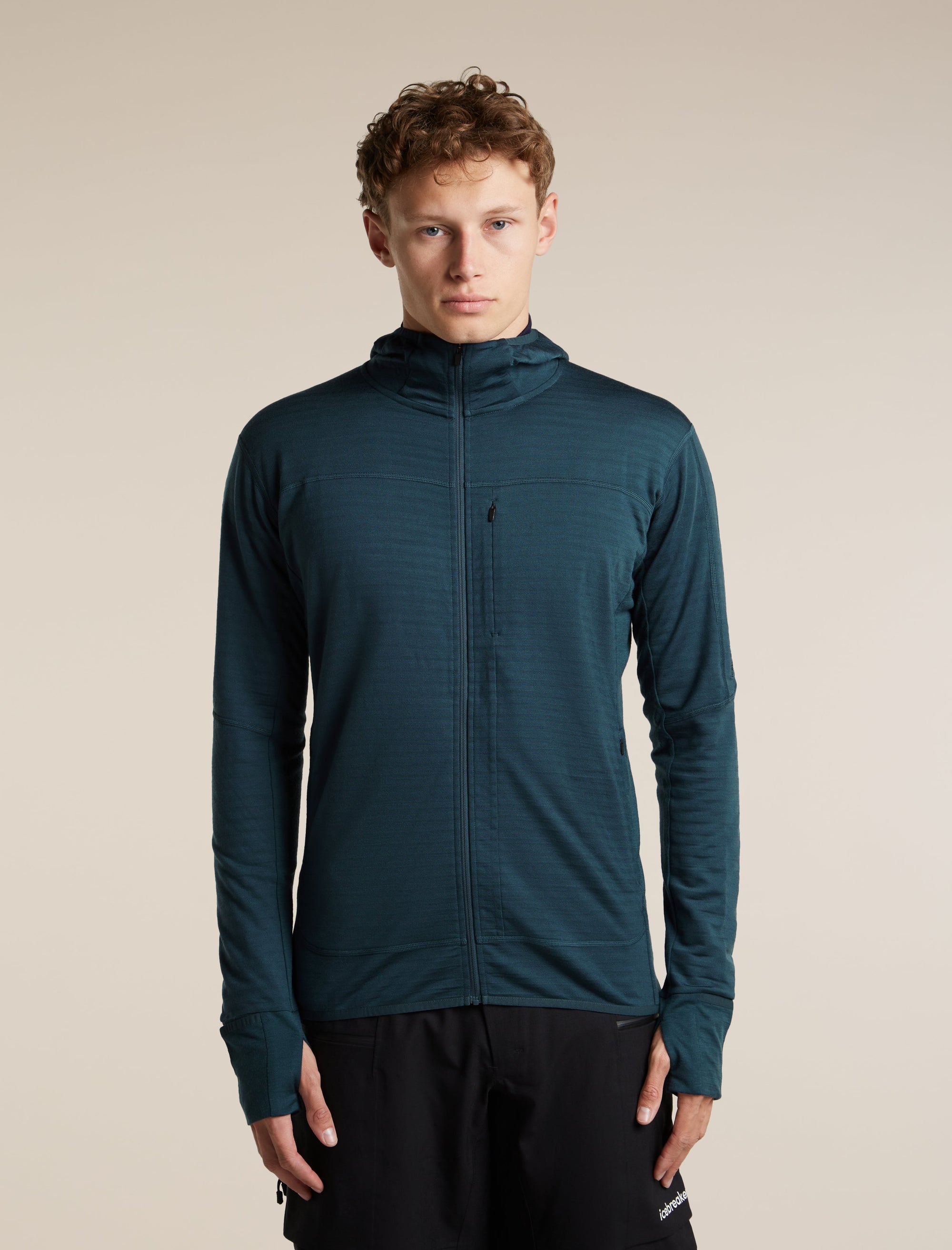 Icebreaker Men's Merino Blend 300 RealFleece Descender Long Sleeve Zip Hoodie in Abyss, front