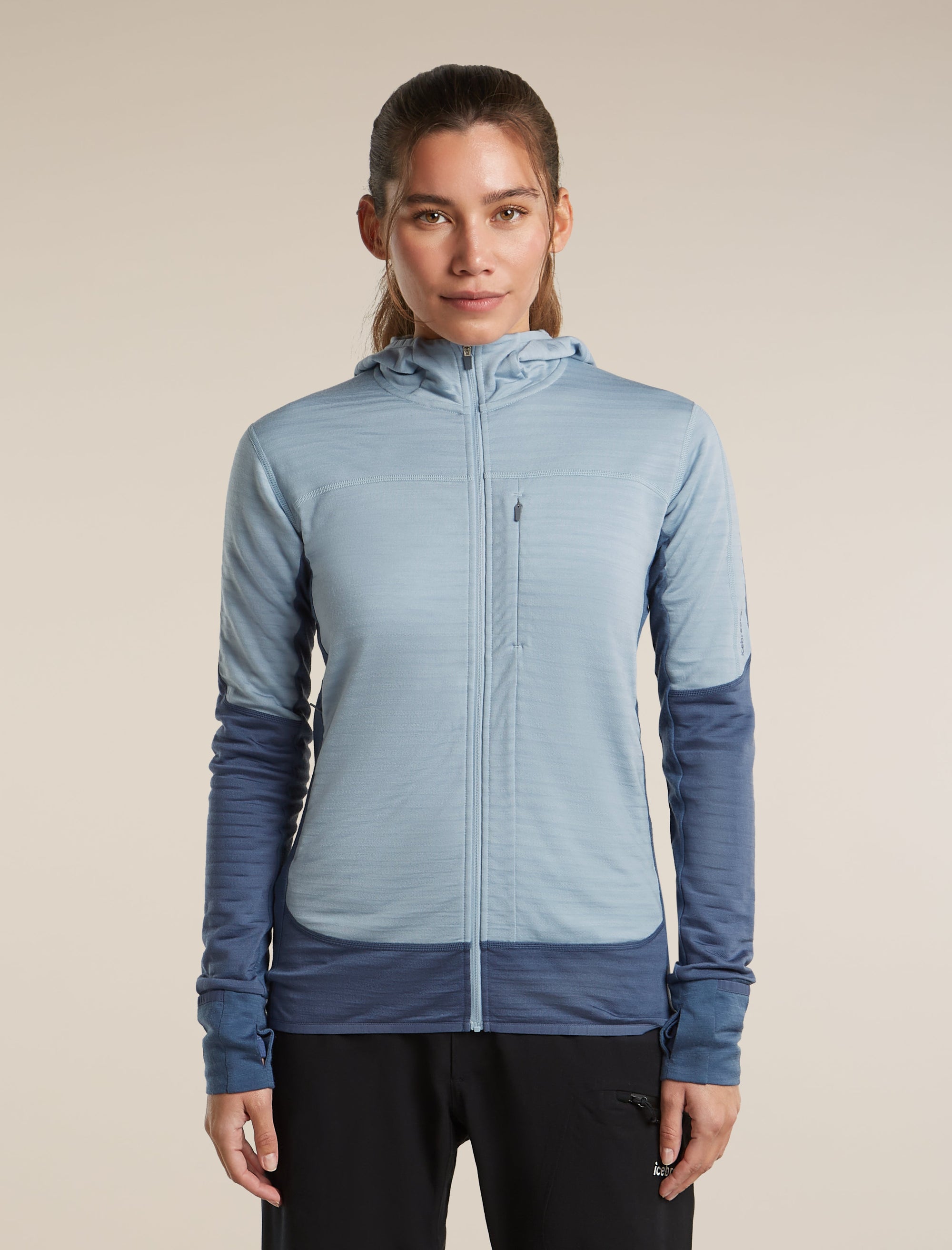 Icebreaker Women's Merino Blend 300 RealFleece Descender Zip Hoodie in Dawn / Zinc Blue, front