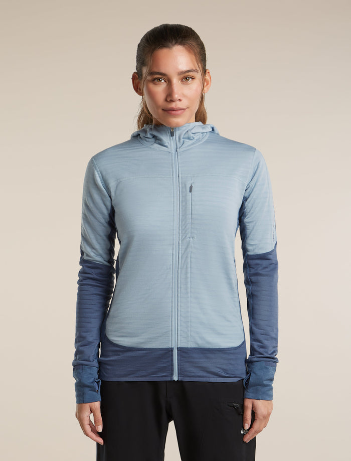 Icebreaker Women's Merino Blend 300 RealFleece Descender Zip Hoodie in Dawn / Zinc Blue, front