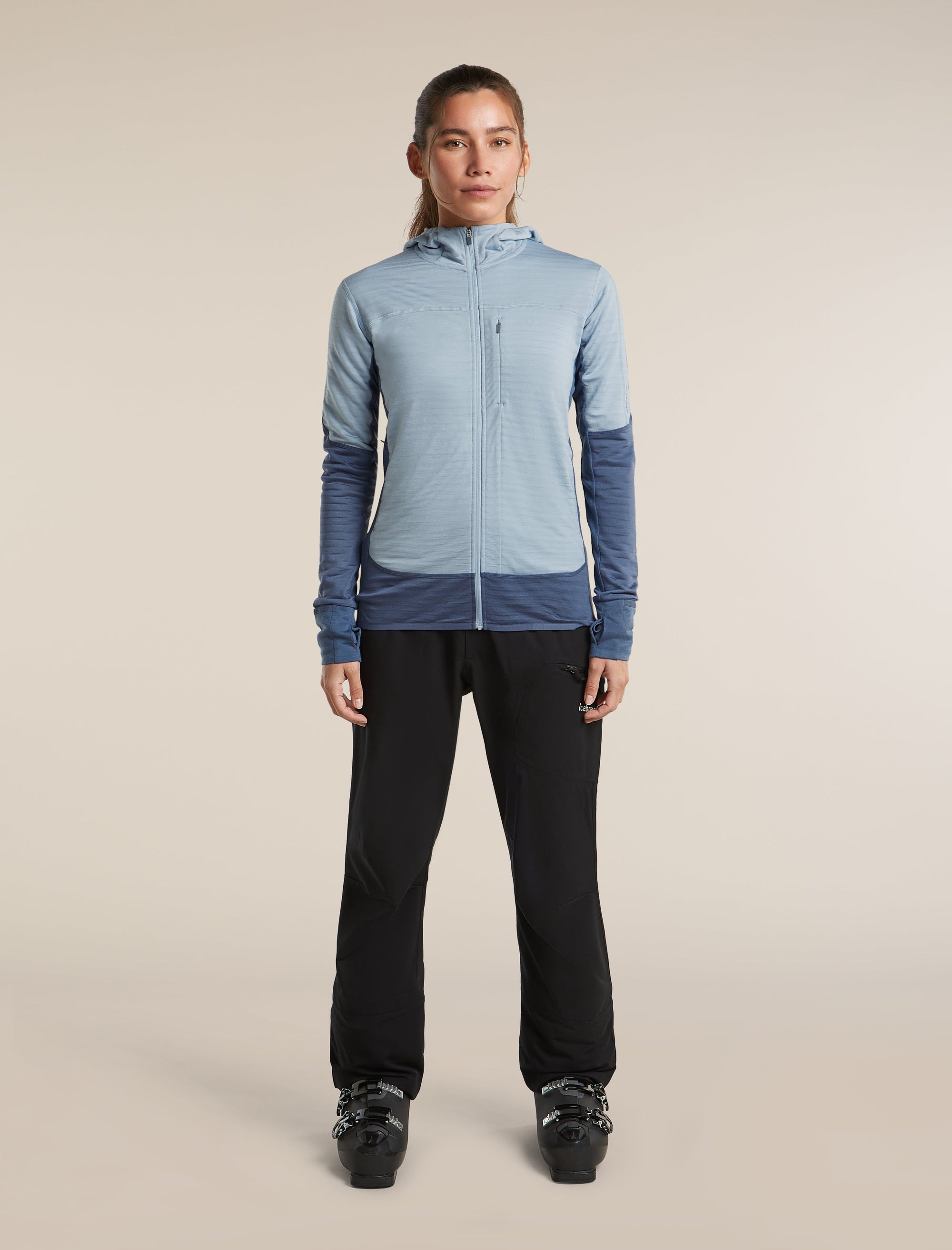 Icebreaker Women's Merino Blend 300 RealFleece Descender Zip Hoodie in Dawn / Zinc Blue, side