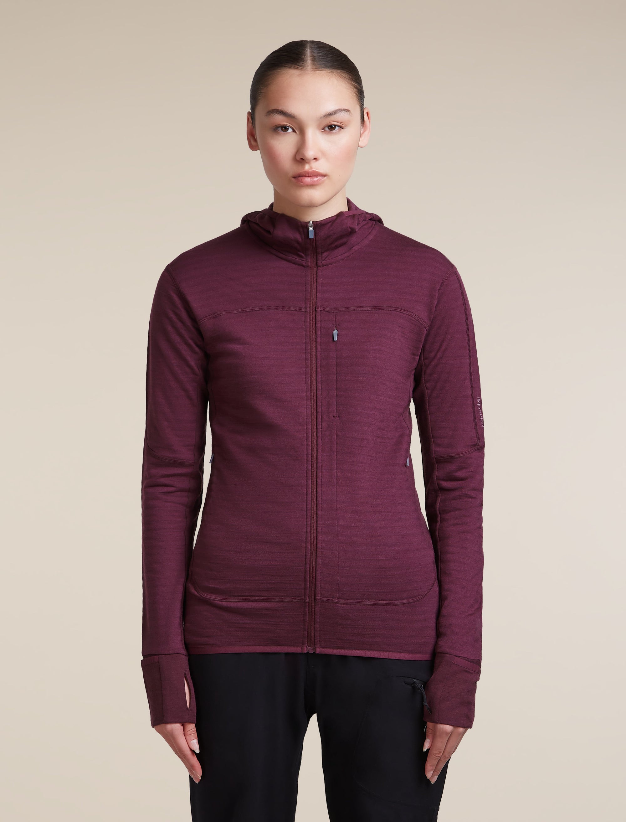Icebreaker Women's Merino Blend 300 RealFleece Descender Zip Hoodie in Dark Berry, front