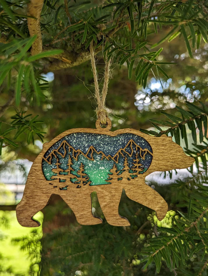 Bear Christmas Ornament- Wooden Northern Lights Green