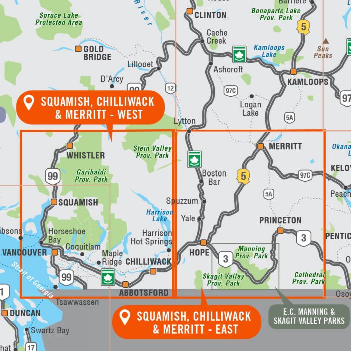 Squamish, Chilliwack and Merritt BC Map