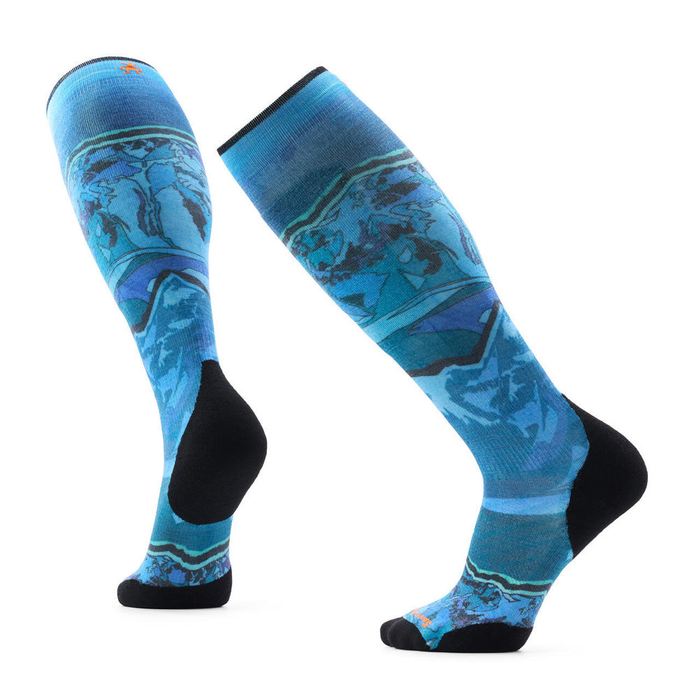 Ski Targeted Cushion Storm Peak Print OTC Socks in Nightfall Blue, pair