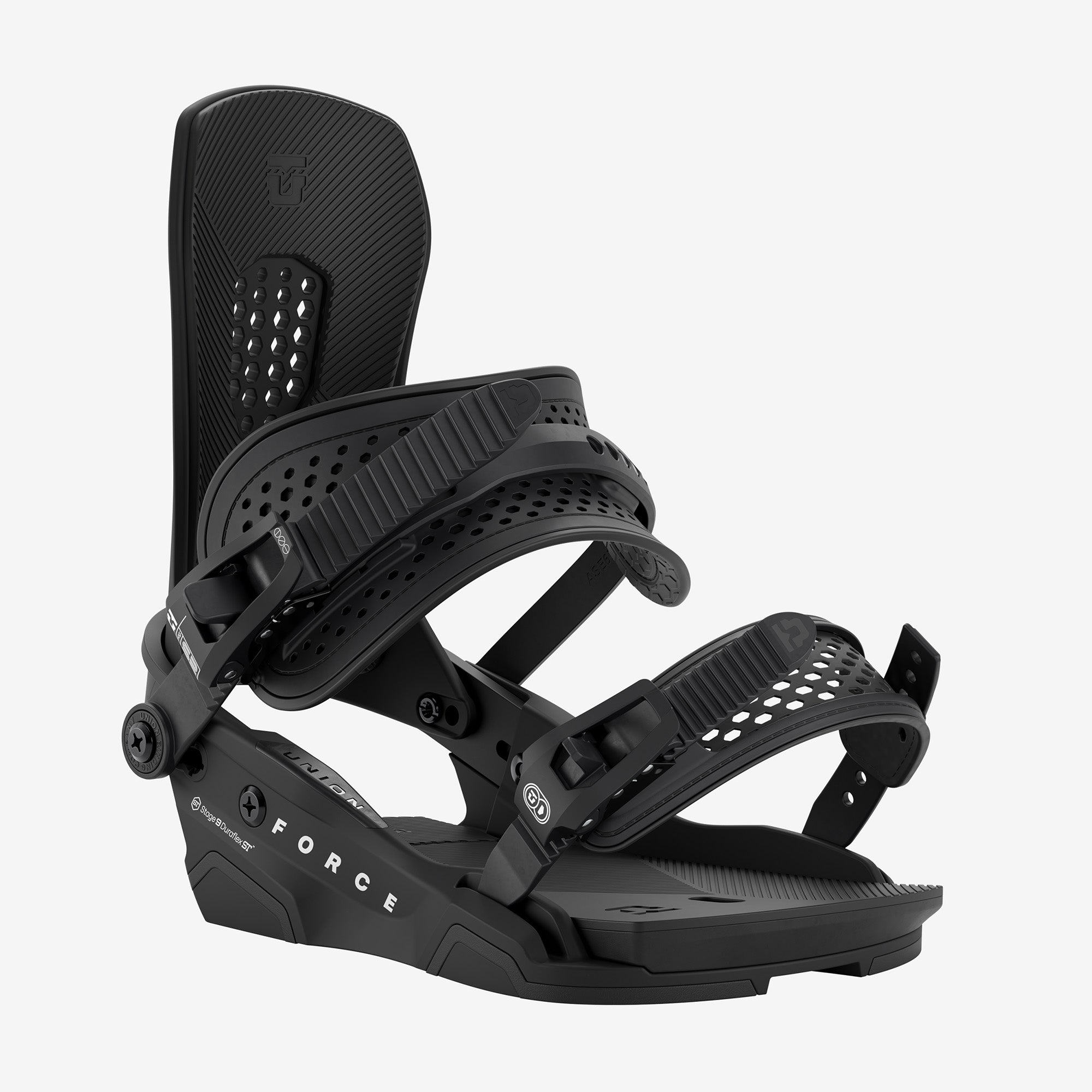 Union Force snowboard binding front view, black
