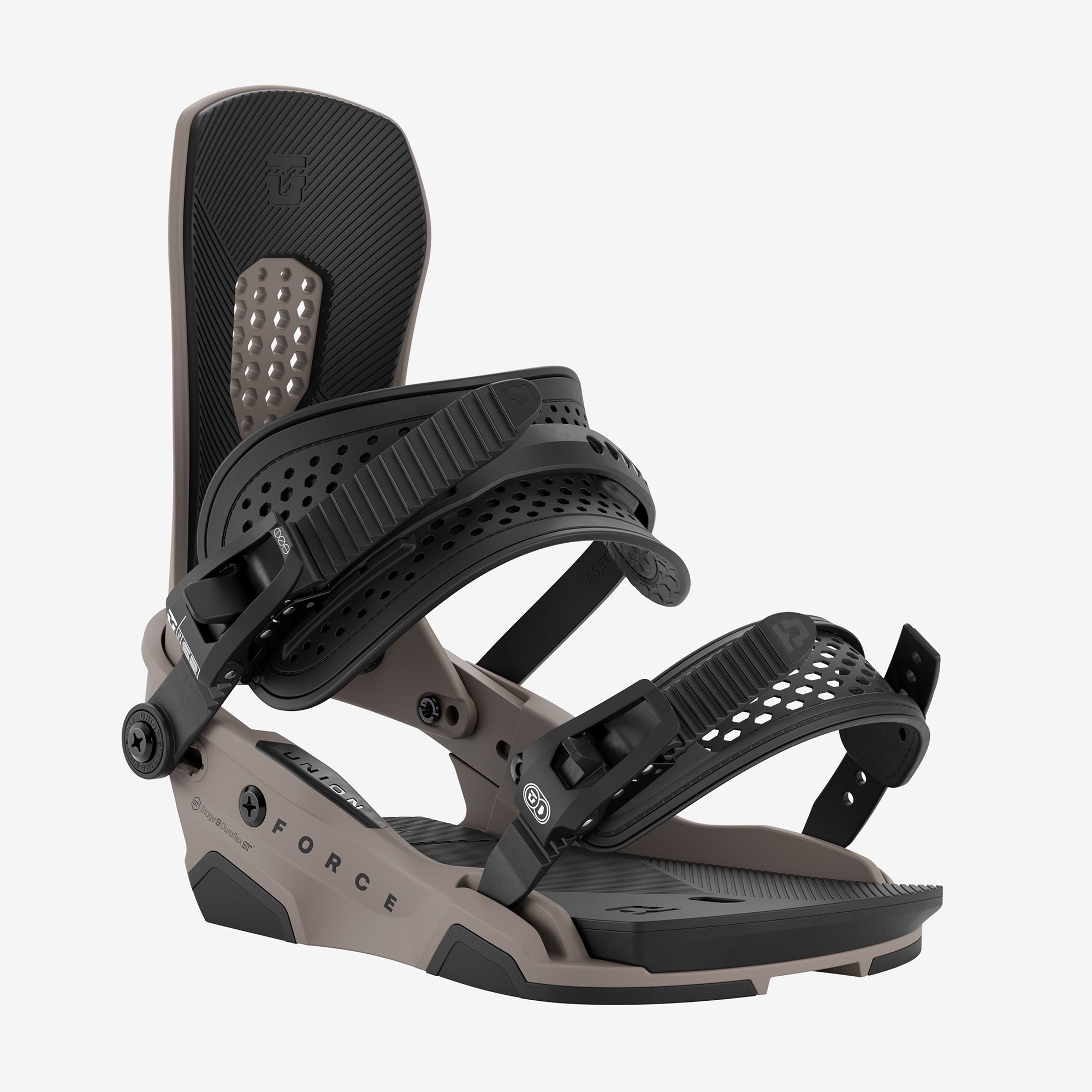 Union Force snowboard binding front view, brown