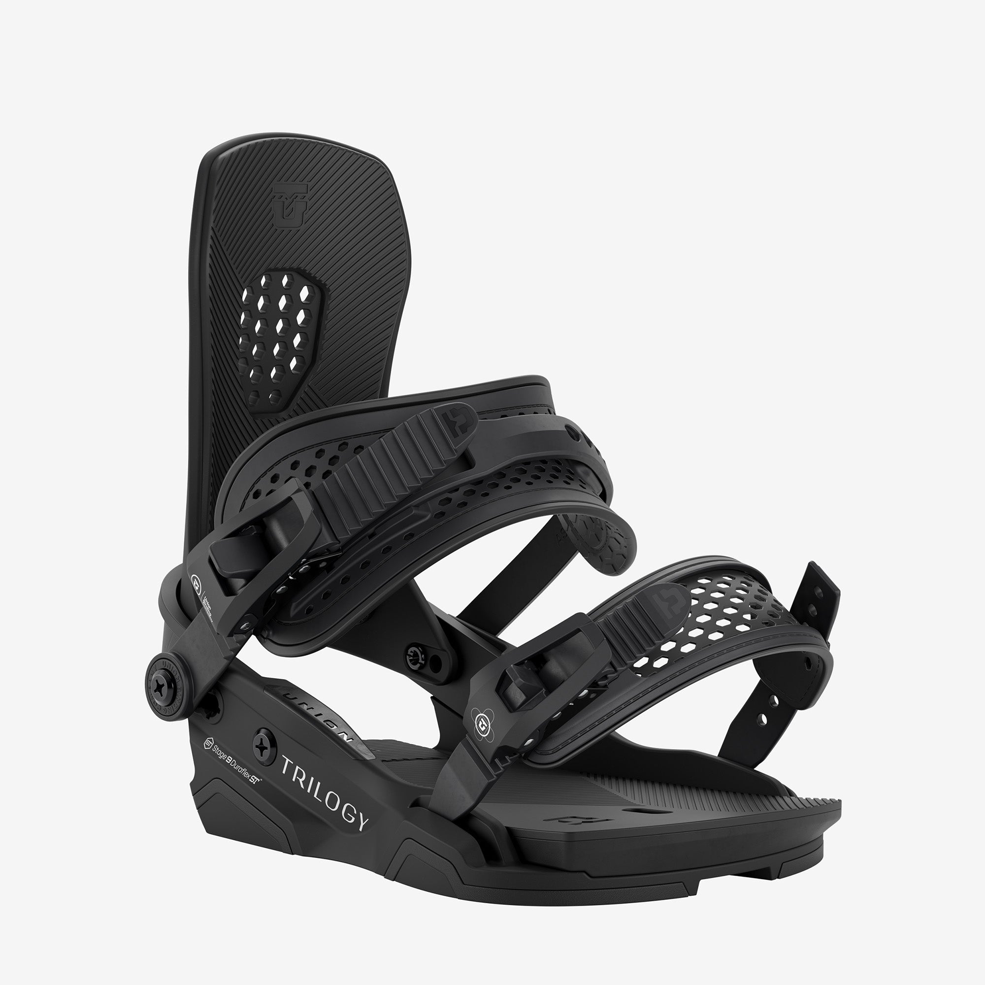 Union Trilogy snowboard binding front view, black