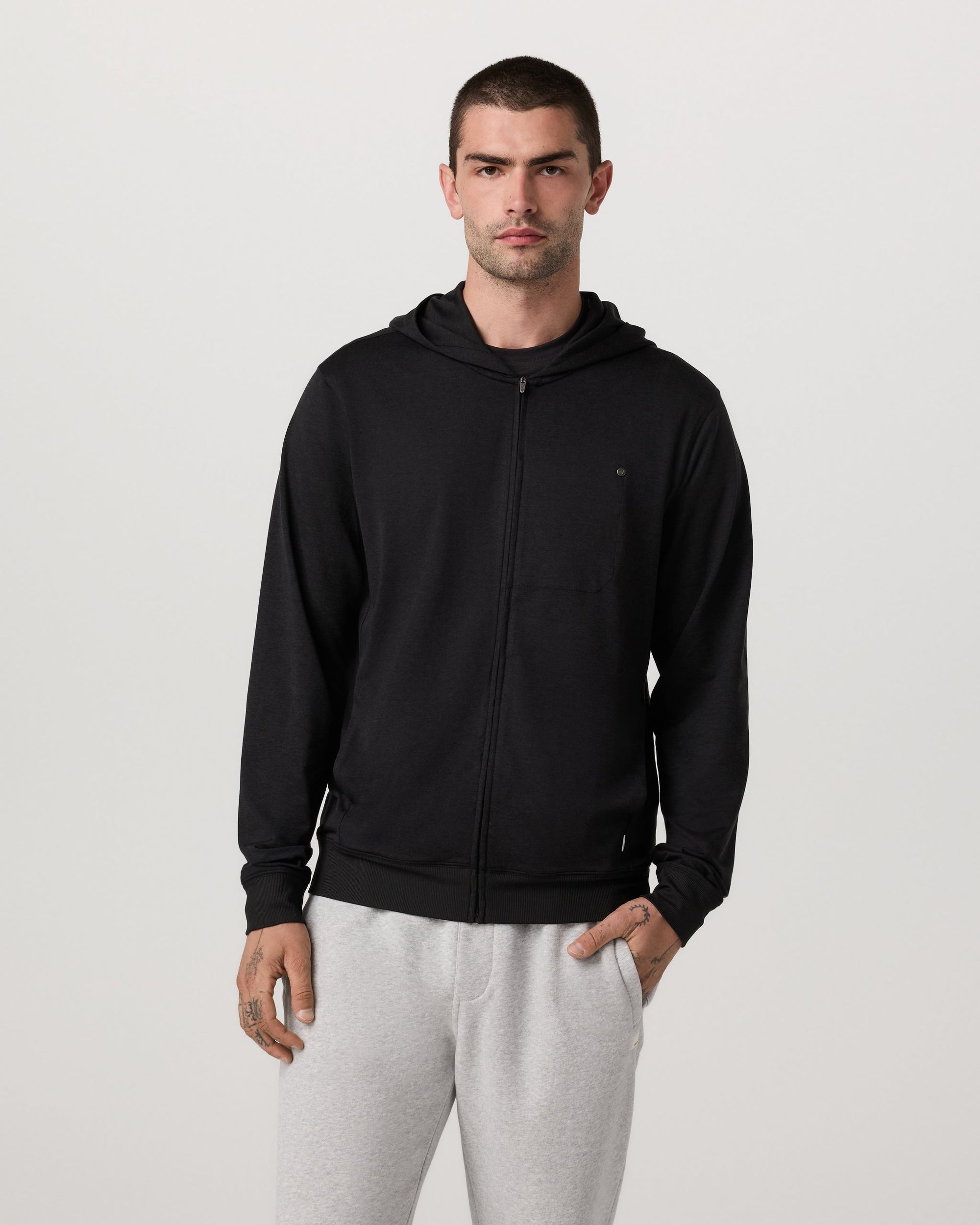 Vuori Ponto Full Zip Hoodie - Black Heather, front