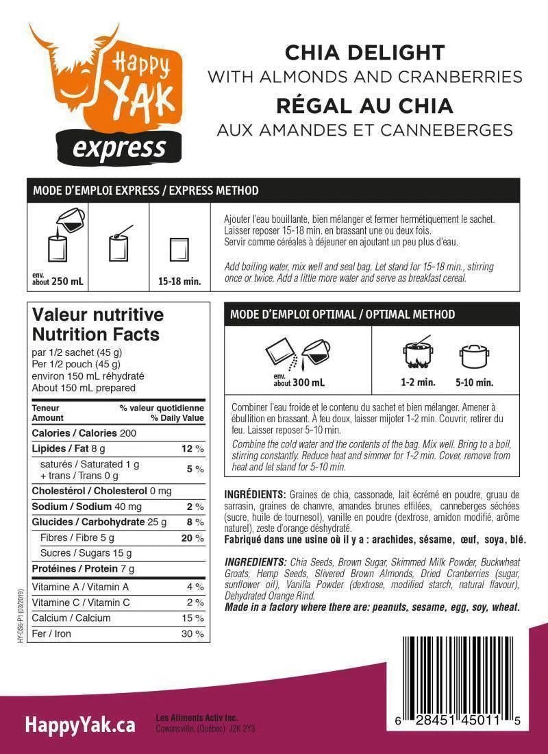Happy Yak Chia Delight with Almonds and Cranberries Mt. Waddington's