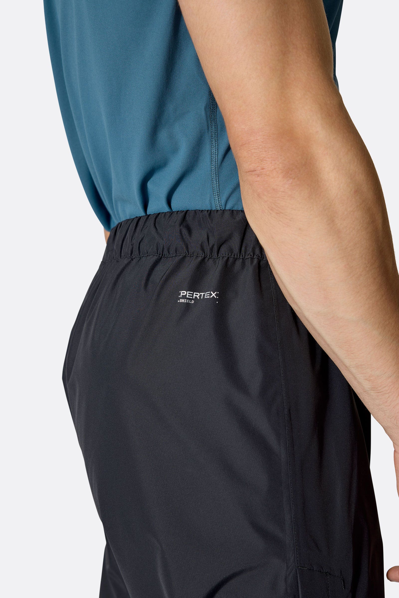 Rab Men's Downpour Waterproof Pants in Black, waistband detail