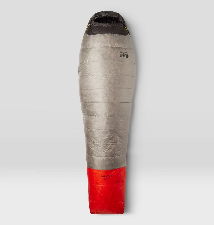 Sleeping bag with gray body and red footbox on a white background