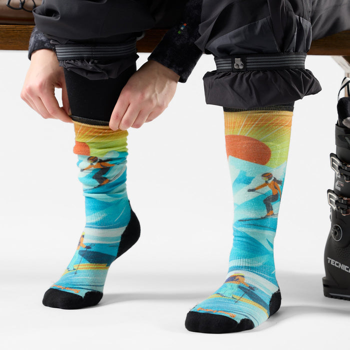 Women's Ski Targeted Cushion Steep Days Print OTC Socks in Serene Blue, detail